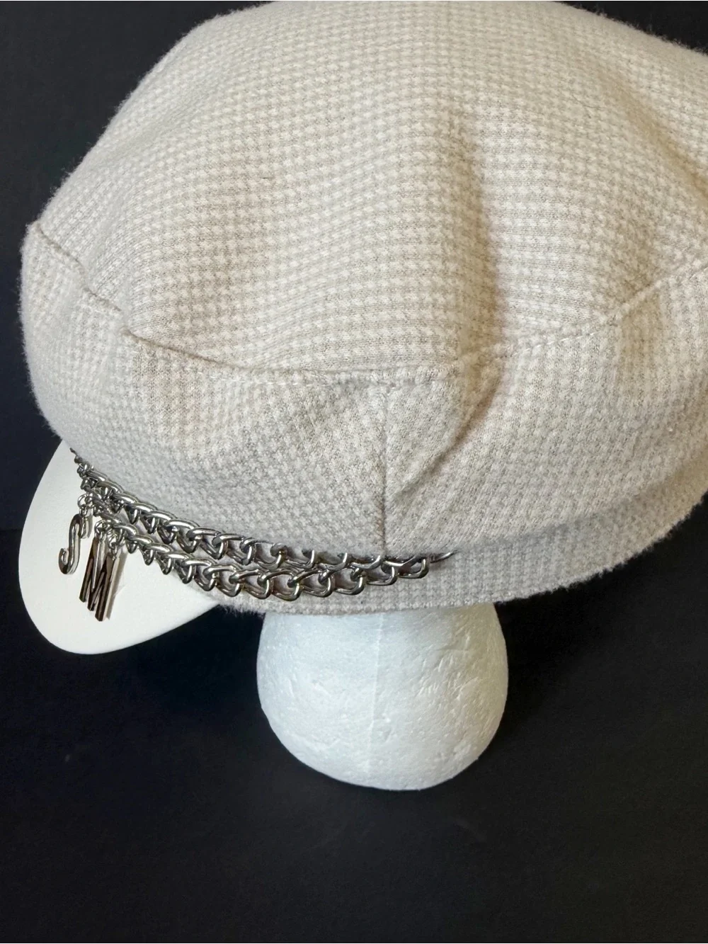 Steve Madden Vintage Y2K Houndstooth Tan Cream Newsboy Cap Hat Chain Biker